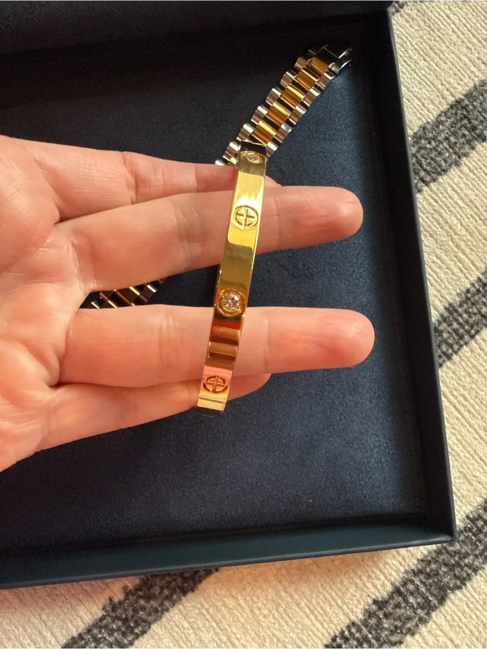 2-Piece Luxury Inspired Stainless Steel Bracelet Set Gold Silver CZ Bangle 🩶🧡